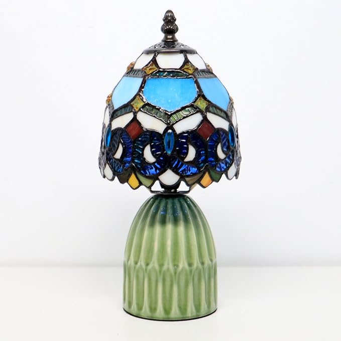 Tiffany Stained Glass Mushroom Table Lamp 12.5 Inch -Blue Jewelry | Tiffany Lamp,6X6X12.5 Inch,Small Night Light,Ceramic Base, Mini Accent Light Suitable,Bedside,Bedroom, Children Room,Antique