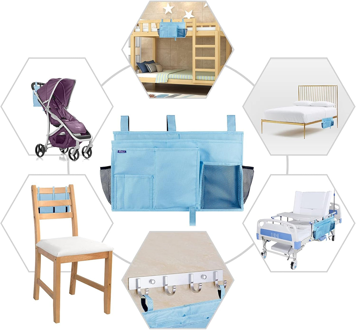 Surblue Bedside Caddy Hanging Bed Organizer Storage Bag Pocket for Bunk and Hospital Beds, College Dorm Rooms Baby Bed Rails, Camp 8 Pockets, (Large, Skyblue)