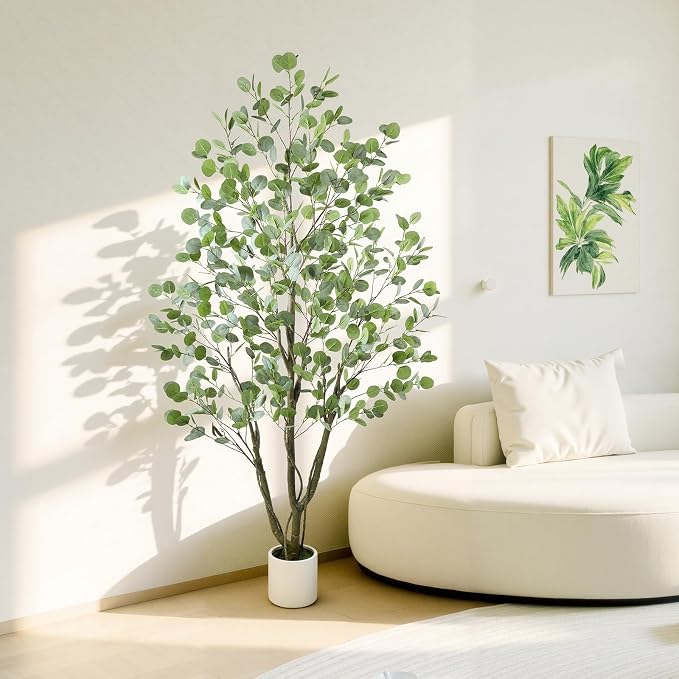 Caxchiling Artificial Eucalyptus Tree 6FT, Indoor Outdoor Faux Tree | Natural Trunk with White Planter for Home Office Living Room Front Door Decor