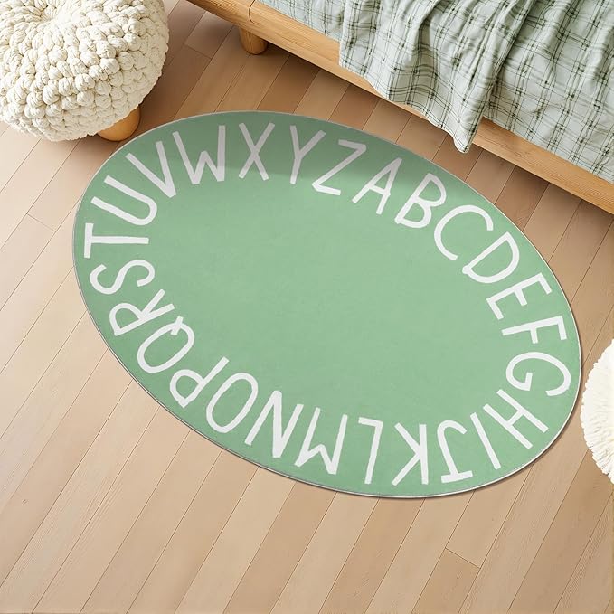 Topotdor Oval Kids Play Rug Alphabet Nursery Area Rug Extra Large Soft Crawling Play Mat for Children Toddlers Bedroom (47x70 inch, Sage Green)