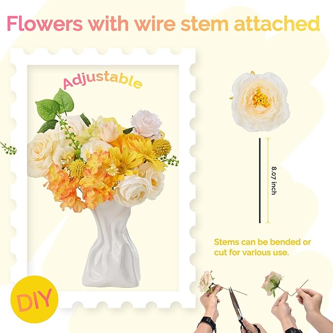 Artificial Flowers Combo Box, 31PCS Fake Flowers, Silk Flower Mix with Wire Stem, DIY Wedding Bridal Bouquet for Arrangement, Shower Party Home Décor | Golden Yellow & Ivory Mix