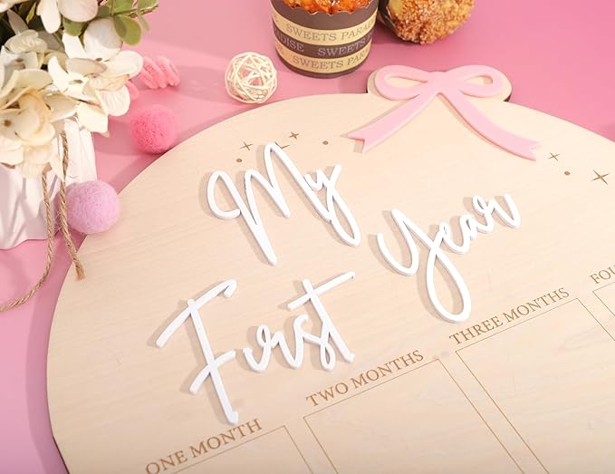 WAUAO Bow My First Year Birthday Board - One Year Of Photo Board,Monthly Milestone Wood Photo Board,First Birthday Decorations Girl,12 Months Photo Banner