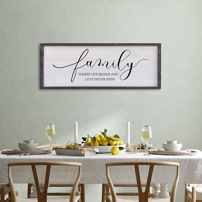 Surfapans Family Where Life Begins Love Never Ends Wall Decor 32"x12" Living Room Hallway Entryway Vintage Large Farmhouse Inspirational Quotes Motto Sign Wood Framed Hanging Home Wall Art (Black)