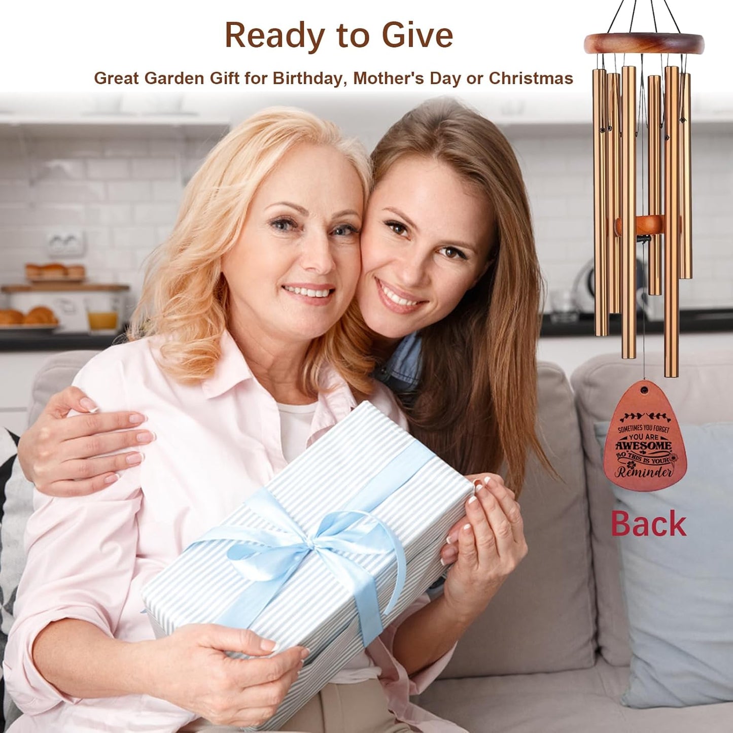 Wind Chimes for Outside, 32" Butterfly Windchime for Outdoor, Butterfly Gifts for Mom Sister, Garden Patio Gift Ideas for Women Friend Co-Worker (Golden)