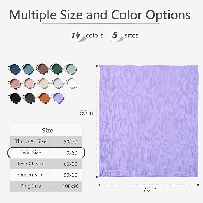 Carriediosa 100% Cotton Muslin Throw Blanket 70" X 80" Twin Size,4-Layers Summer Gauze Throws for Bed Couch,Soft Lightweight Breathable Linen Blankets Bedspread for Adults All Season,Light Purple