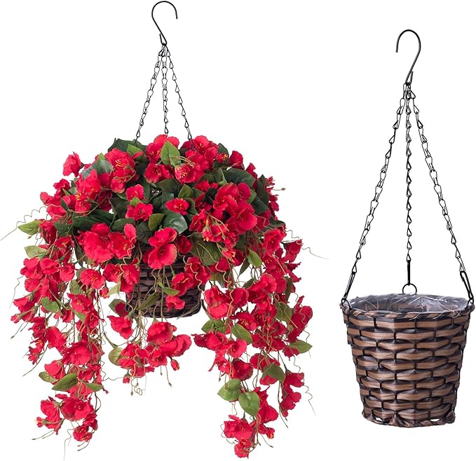 Artificial Fake Hanging Hibiscus Flowers Plants Baskets for Outdoor Decor, Faux Silk Hibiscus Long Vines in Planter UV Resistant Realistic Flowers for Outside Porch Patio Home Decoration, Red