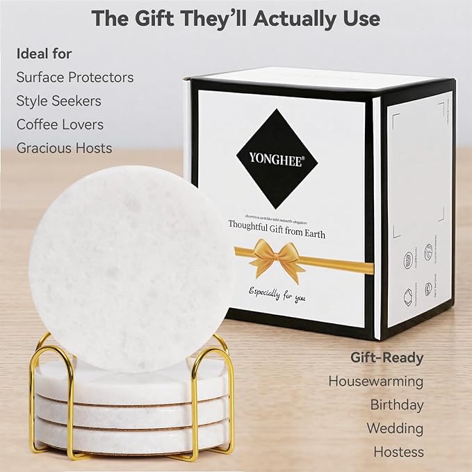Pure White Marble Coasters Set of 4 with Holder, Icy Crystal Coasters for Coffee Table, 4 Inch Polished White Stone Coaster with Sparkling Texture – Heat Resistant, Non-Slip, Housewarming Gift