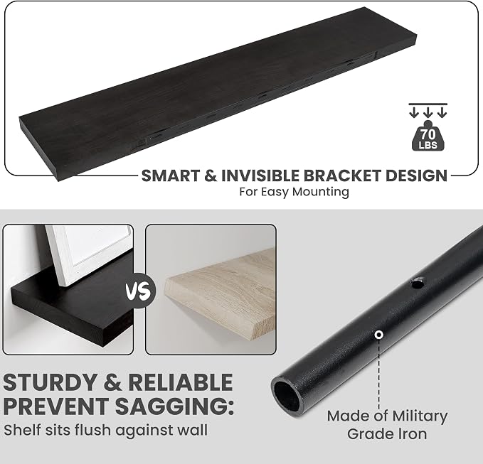 Solid Wood Floating Shelves For Wall, 48”W x 9”D x 1.56”H Large Wall Shelves for Living Room Bedroom Bathroom Kitchen Drcor Storage with Invisible Heavy-Duty Metal Bracket, Carbonized Oak, 2 Pack