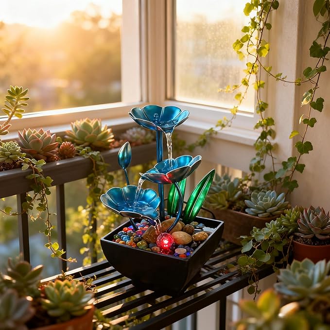 AOZITA Tabletop Fountain, Indoor Waterfall Fountain, Small Home Décor Zen Relaxation Soothing Sound Machine for Office, Living Room, or Bedroom,Blue Metal Lotus with Bud, River Rocks, LED