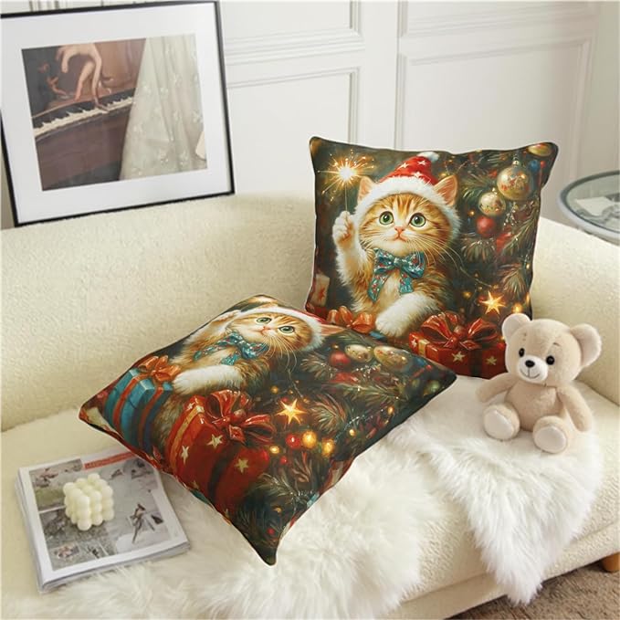 Christmas Pillow Covers 16x16 Set of 2 Adorable Cat Xmas Throw Pillow Covers Lovely Kitten Holding Sparklers Pillowcase Cotton Linen Cushion Case for Holiday Decor Sofa Couch