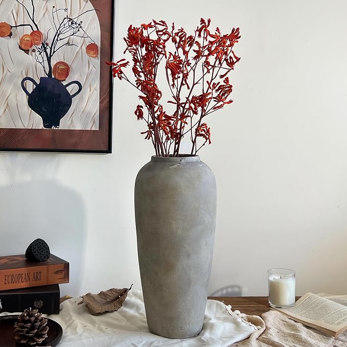 15 Inch Ceramic Rustic Farmhouse Vase, White Grey Handmade Pottery Vase for Living Room & Home Decor, Rustic Flower Vases for Table Centerpieces & Shelf Decoration, Wedding Gifts