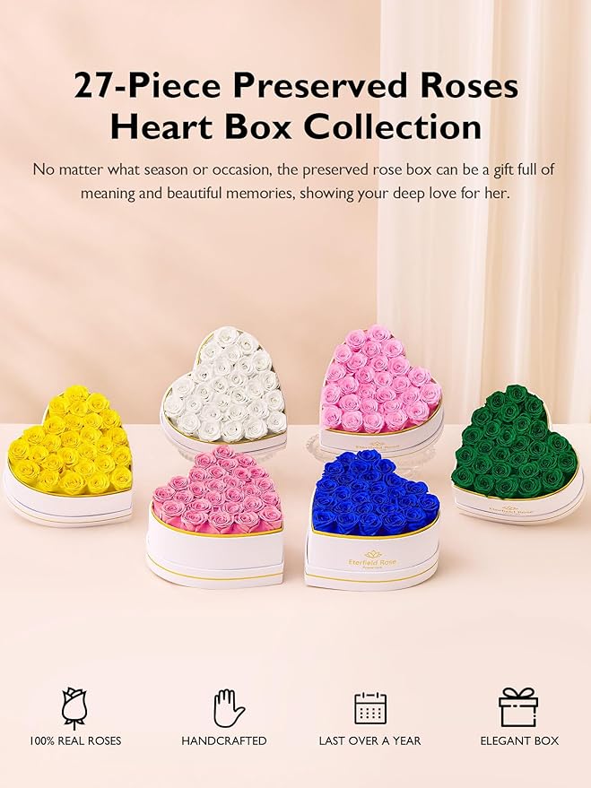 Eterfield 27 Forever Flowers in Heart Shape Box, Preserved Roses that Last a Year Preserved Flowers Birthday Gifts for Her Mom Women Wife Anniversary Valentines Day Mothers Day Christmas, Pink