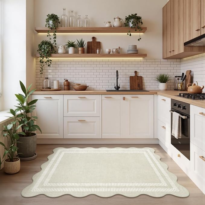 Washable 3x5 Indoor Entryway Rug, Neutral Beige Soft Non Slip Rugs Stain Resistant Scalloped Carpet for Bedroom Kitchen Nursery Home Office