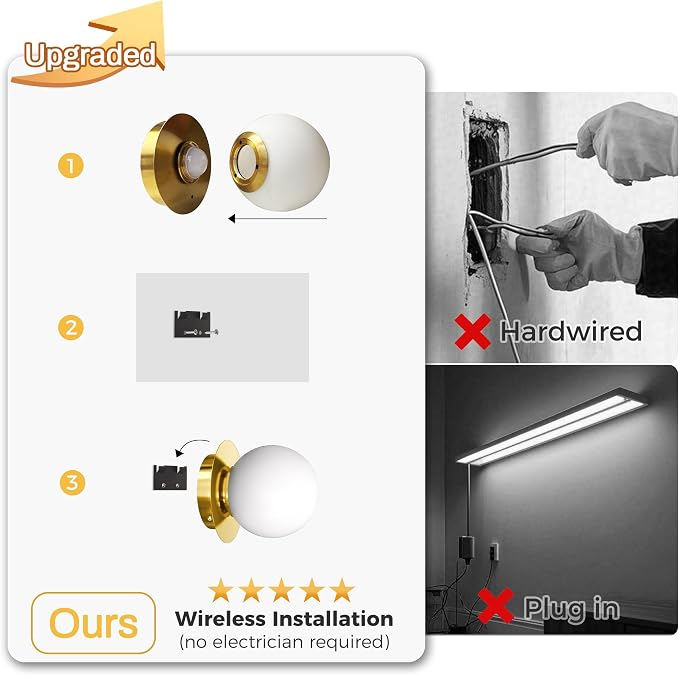 L LOHAS LED Battery Operated Wall Sconce Set of 2, 2-in-1 Rechargeable 10000mAh Wireless Globe Wall Lights with Remote, 16 RGB Colors Dimmable Modern Gold Sconces for Bedroom & Living Room Decor