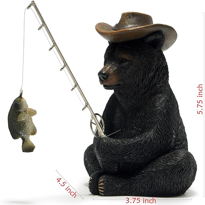 Hodao Black Bear Fishing Figurines Decoration Summer Bear Crafts for Home Office Desk Decor Statue for Tabletop Shelf Decoration Ornament Gifts Decor for Beach Fishing Lovers (Black)