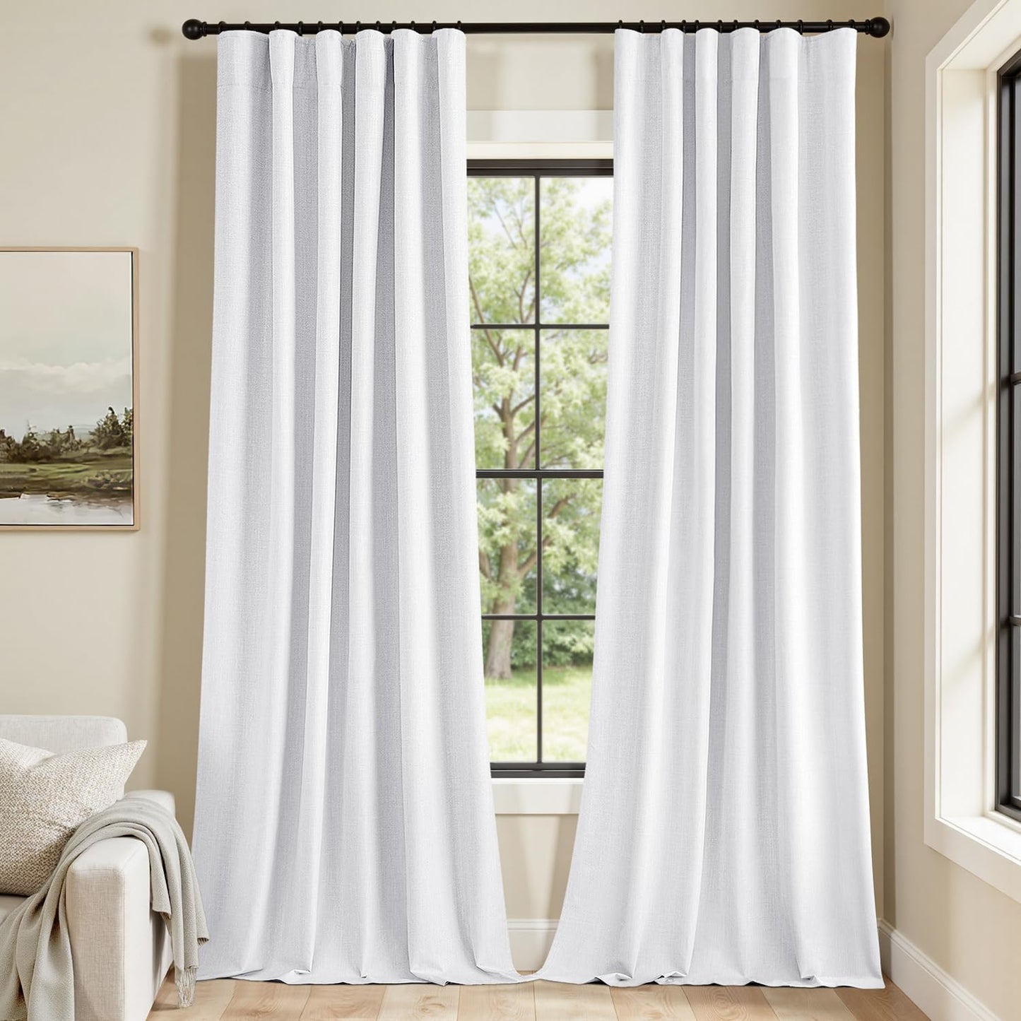 MIULEE 100% Blackout Curtains 96 Inch Long 2 Panels Set for Bedroom, Thick Faux Linen Black Out Curtain Room Darkening Back Tab Pleat Window Textured Drapes with Hooks for Living Room, Bright White