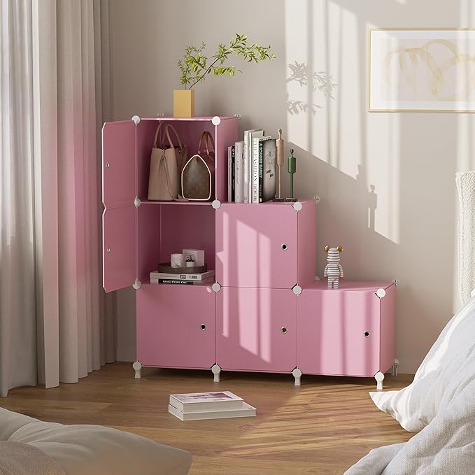 Cube Storage Organizer, 6-Cube Shelves Unit with Doors, DIY Stackable Plastic Clothes Organizer for Bedroom and Under Stairs Storage Unit, Each Compartment 30 x 30 x 30 cm Pink ATTSL6006