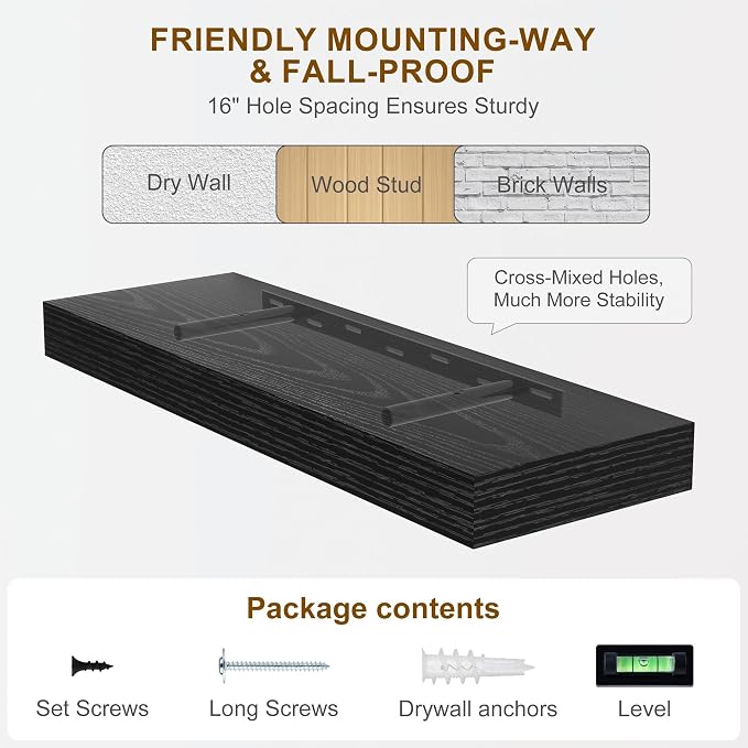 Fun Memories Floating Shelves for Wall, 55Inch Floating Shelves Set of 2, Hanging Shelf with Invisible Brackets, Wood Shelves for Living Room, Bedroom, Kitchen, Black