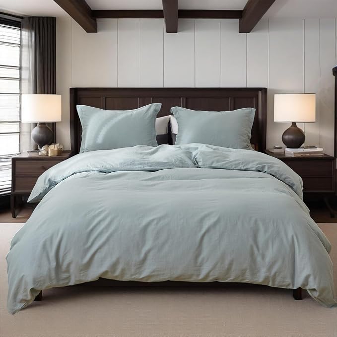 Simple&Opulence 100% Linen Duvet Cover Set, 3 PCS Natural French Flax Dusty Blue Duvet Cover Queen Size, Breathable Soft Comfy Linen Bedding Comforter Cover with 2 Pillowcases(Dusty Blue, 88"x92")