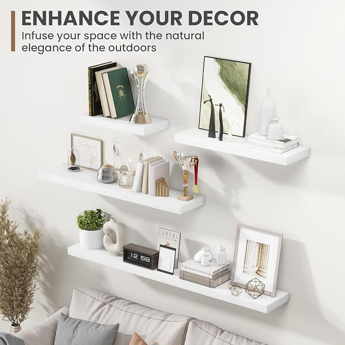 Acovy 55 Inch Floating Shelves, 8 Inch Deep Floating Shelves for Wall, Hanging Shelf with Invisible Brackets, Deep Shelves for Bathroom, Bedroom, Living Room, White, Set of 2