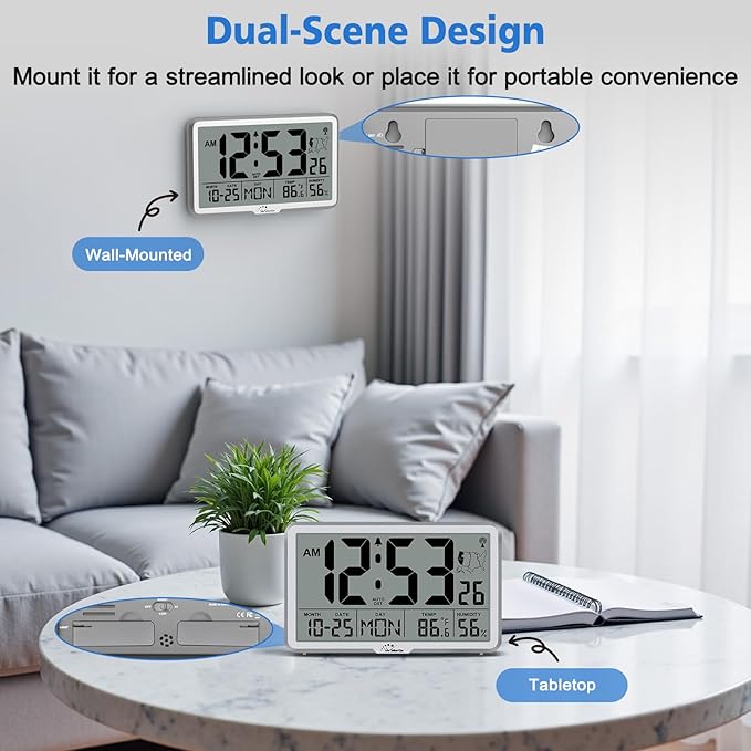 WallarGe Atomic Wall Clock with Backlight, Digital Wall Clock Battery Operated for Classroom, Bedroom, Office, Large Display with Indoor Temperature, Humidity, Date, AUTO DST, 6 Time Zones