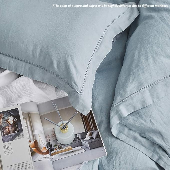 Simple&Opulence 100% Linen Duvet Cover Set with Embroidery Border Washed - 3 Pieces (1 Duvet Cover & 2 Pillow Shams) with Button Closure Soft Breathable Farmhouse - Dusty Blue, Full Size