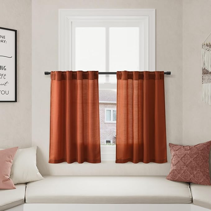 Terracotta Linen Kitchen Curtains 36 Inch Length 2 Pack Light Filtering Semi Industrial Style Transparent Linen Blend Short Drapes Back Tab Rod Pocket for Small Windows Cafe Bathroom Garage 26Wx36L