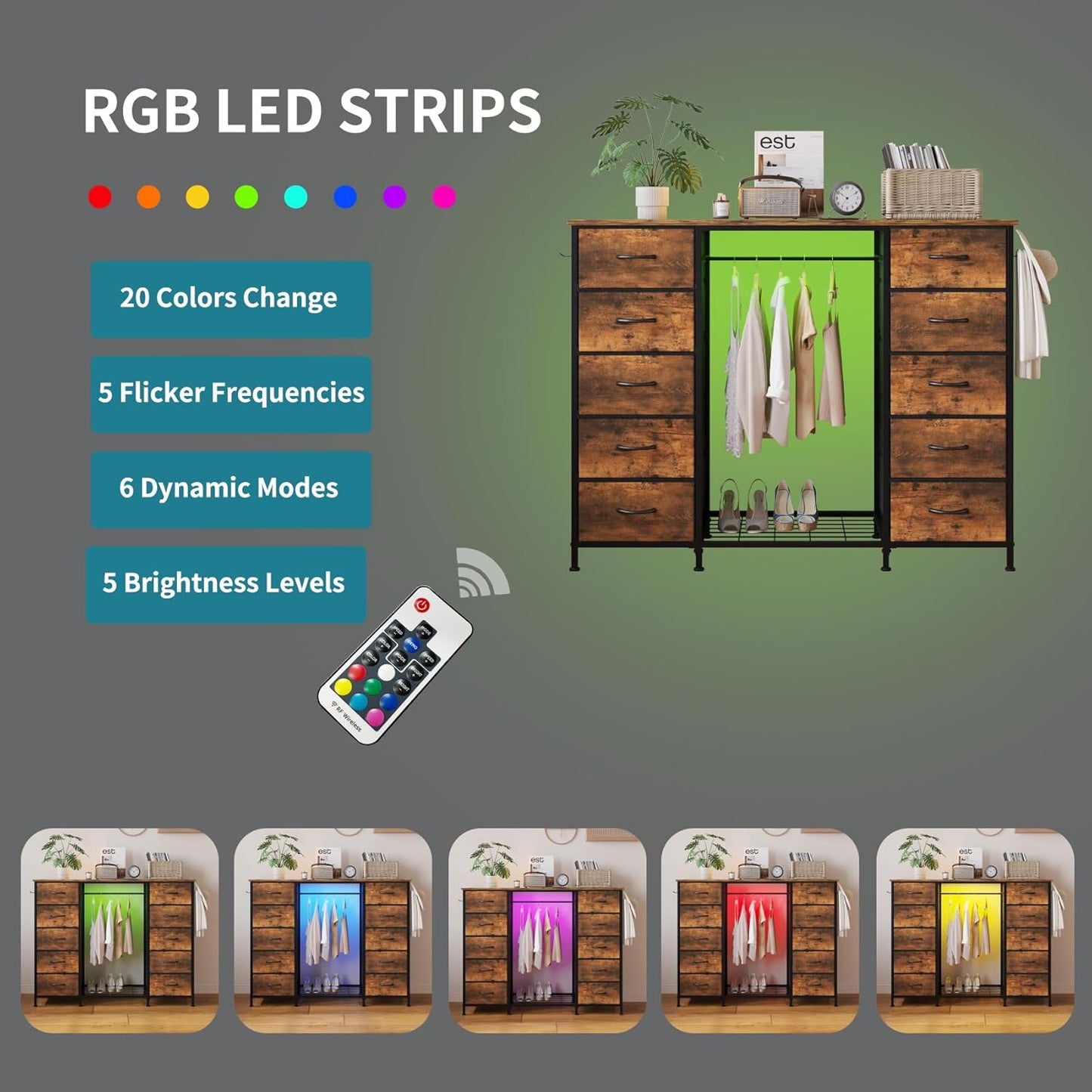 LUMTOK 55W 2-in-1 Dresser with Hanging Rack, 10 Drawers Dresser for Bedroom,Dressers with Fabric Drawers,LED Lights, Charging Station and Hanging Racks for Bedroom (Rustic Brown)