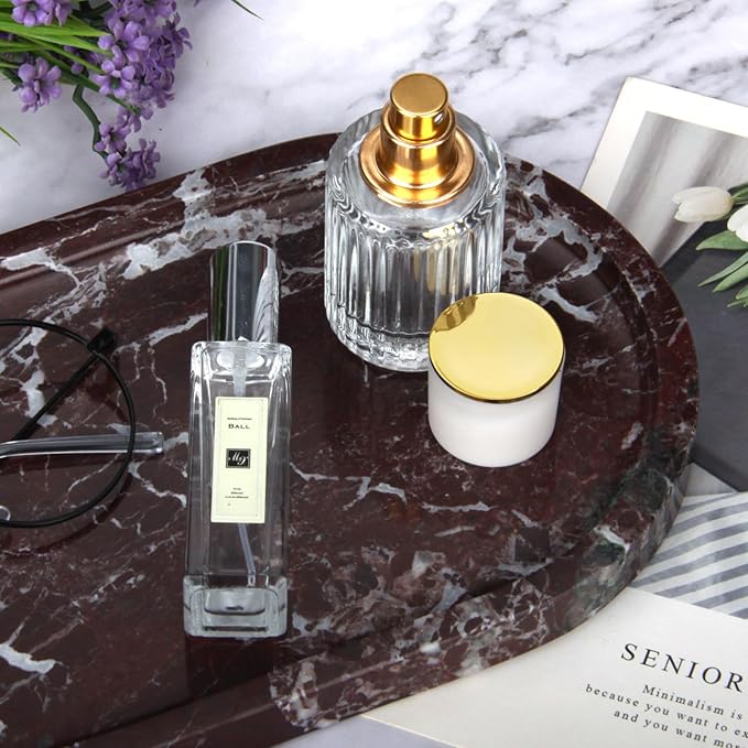 Oval Marble Bathroom Vanity Tray, Natural Luxury Marble Home Kitchen Bathroom Table Tray, Stone Decorative Countertop Tray for Coffee Perfume Jewelry (Rosso Lepanto, 12" x 6" x 0.8")