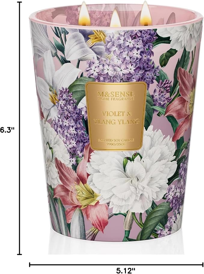 M&SENSE Violet Ylang Ylang Soy Candle, 35oz 3-Wick, Floral Calm Self Care | 150H Long Burn, Non-Toxic, Large Jar, Meditation Room, Bathtub Spa, Stress Relief, Relaxation, Herbal Peace