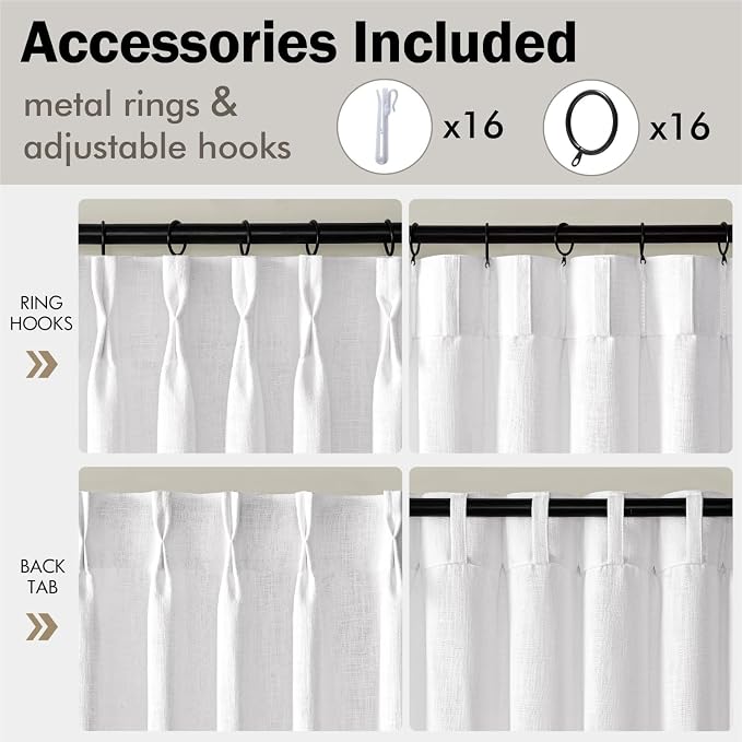 MIULEE Pinch Pleated White Thick Linen Curtains 96 Inches Long 2 Panels, Linen Texture Memory Trained Drapes for Living Room Bedroom, Pinch Pleat Back Tab Light Filtering Farmhouse Window Curtains