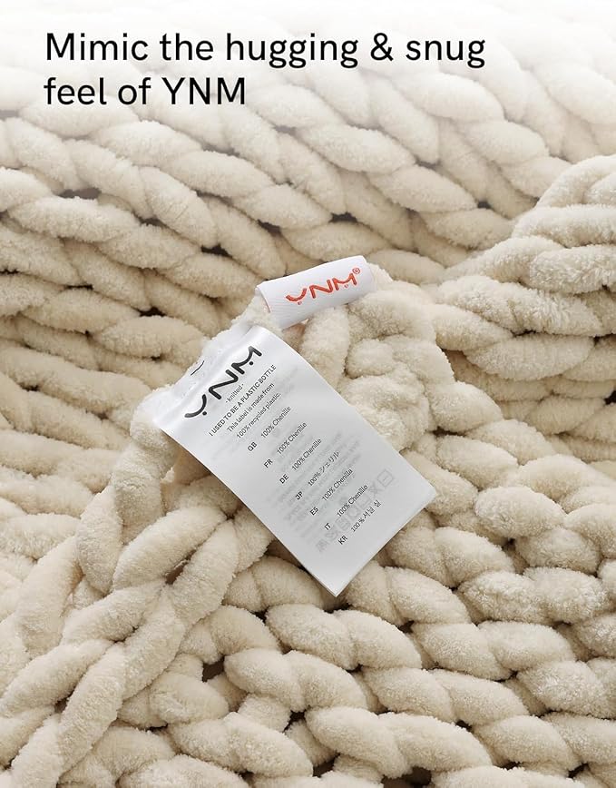 YnM Chunky Throw Blanket, Hand Knitted with Chenille Yarn, Skin Friendly, Ventilated and Breathable, Machine Washable, Home Décor Piece for Couch, Sofa and Bed (Butter Cream, 40x50 Inch)