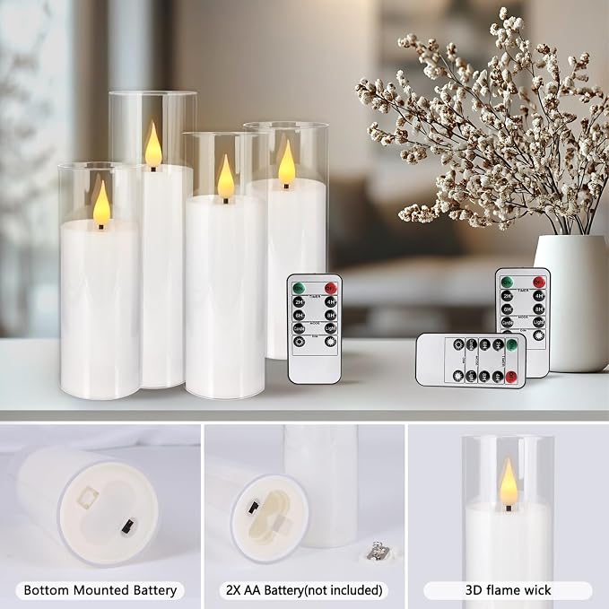 24 Pcs Acrylic LED Flameless Candles with 4 Remote,White,Flickering, Clear, Suitable for Wedding, Party, Home Decoration & Outdoor.