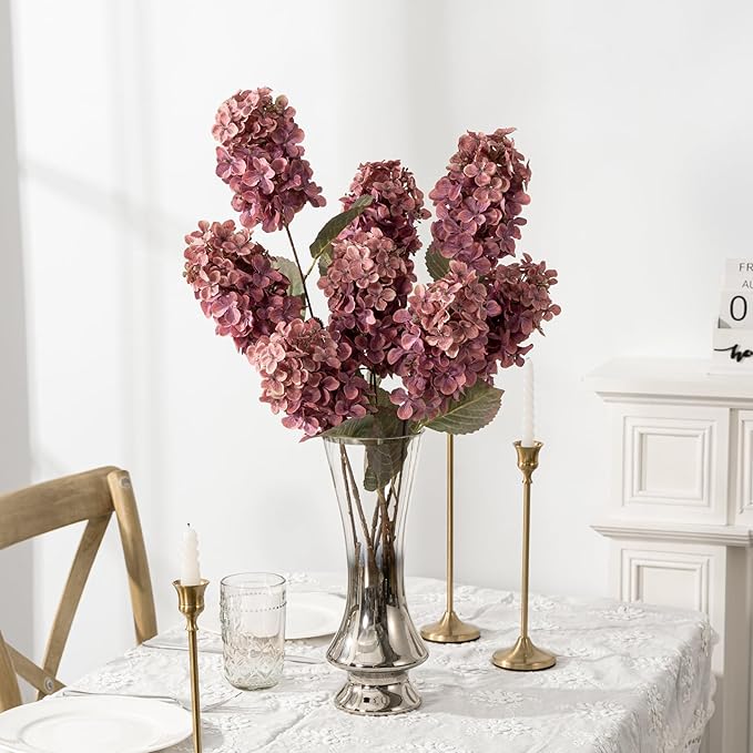 Ttranewsoo Burgundy Hydrangea Artificial Flowers,Fall Hydrangeas Artificial Flowers, Fake Fall Dried Hydrangea Decoration,Faux Silk Flower with Stems Winter Decor(Red Rose 24" 8pcs) Without Vase