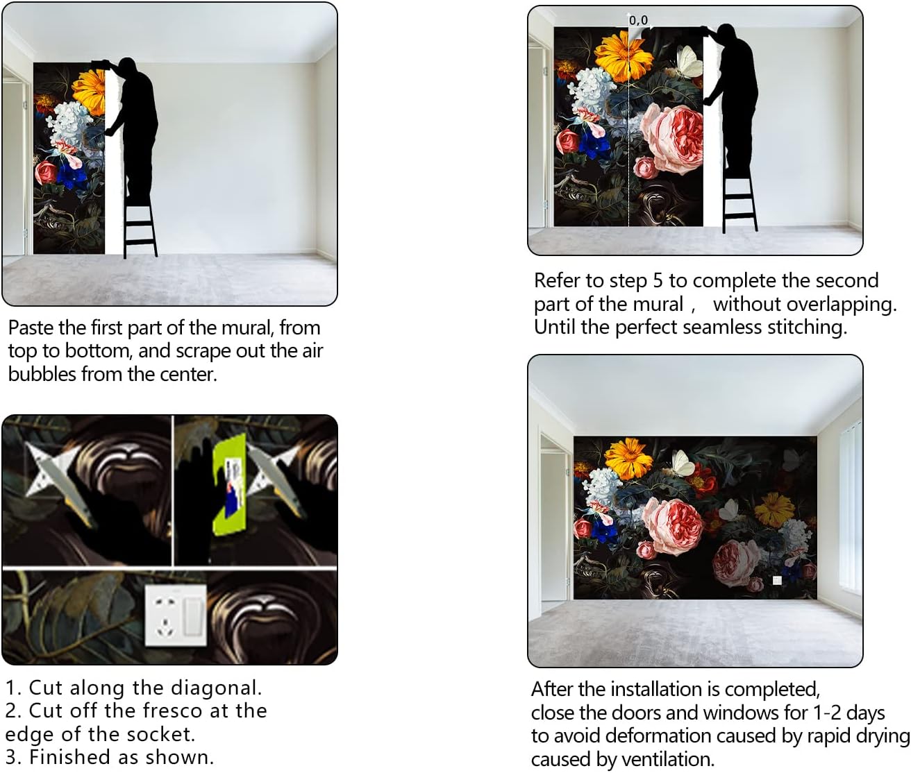 Vintage Black Flowers Mural Bedroom Peony Floral Wallpaper Room Decor Living Room tv Background Large Wall Mural - 137"x96" (Not Peel and Stick)