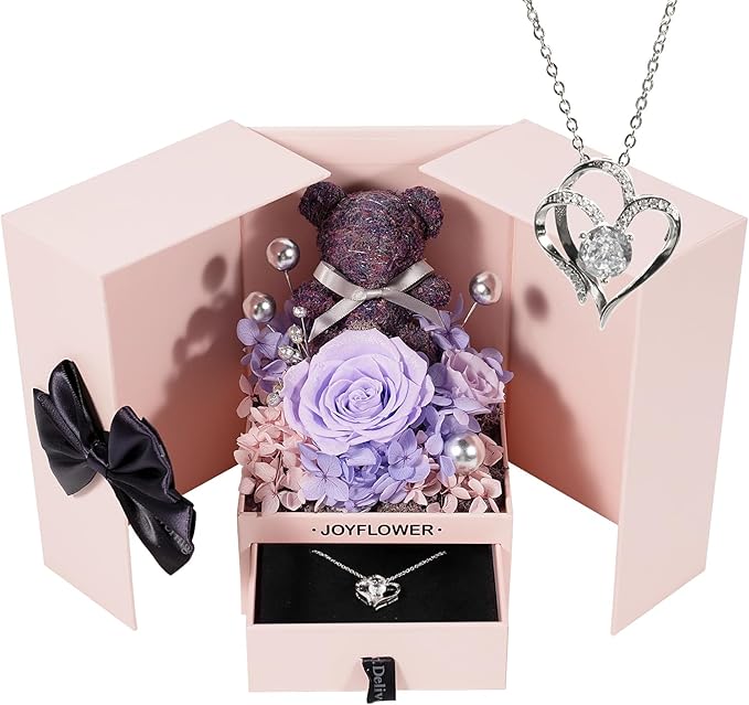 JoyFlower Preserved Flowers Bear with Necklace Gifts for Girlfriend, Unique Pearl Rose Bear Necklace Birthday Gifts for Mom, Purple Eternal Roses Mother's Valentine's Day for Wife Her