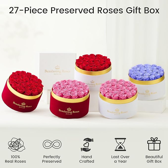 27 Preserved Roses Forever Flowers Real Roses in a Box Mother's Day Birthday Flowers for Her Mom Women Wife Valentine's Day, Pink Roses