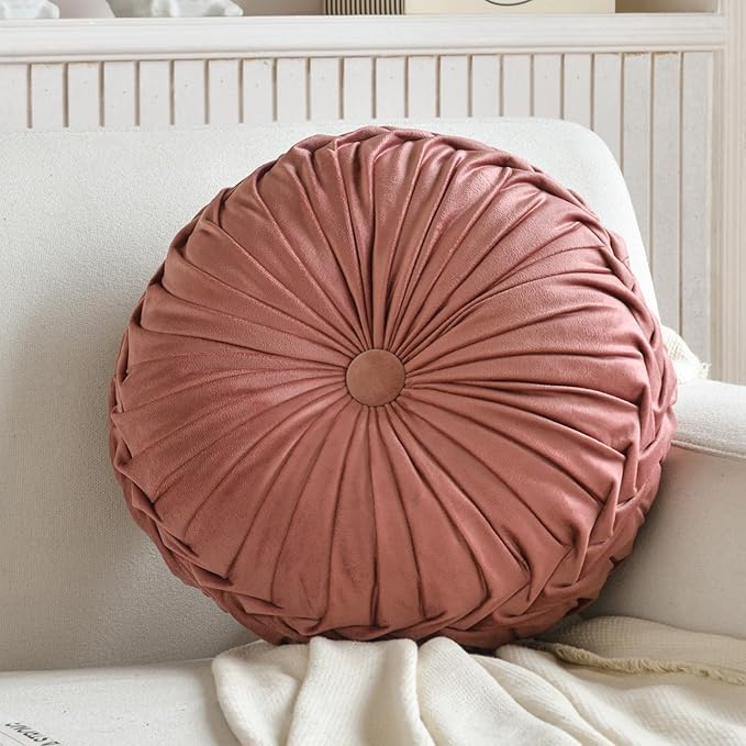 Teieas Round Throw Pillow Velvet Home Decoration Pleated Round Pillow Cushion for Couch Chair Bed Car Blush