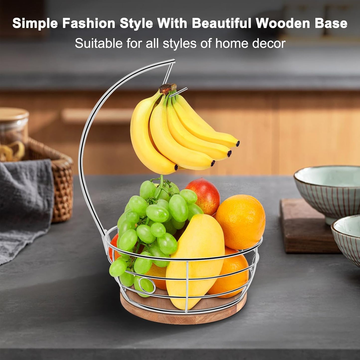 Livabber Countertop Fruit Basket Bowl with Banana Hanger, Modern Standing Fruit Vegetable Bowl Storage, with Banana Tree Holder for Kitchen Dinning Table (Round Wood, Chrome)