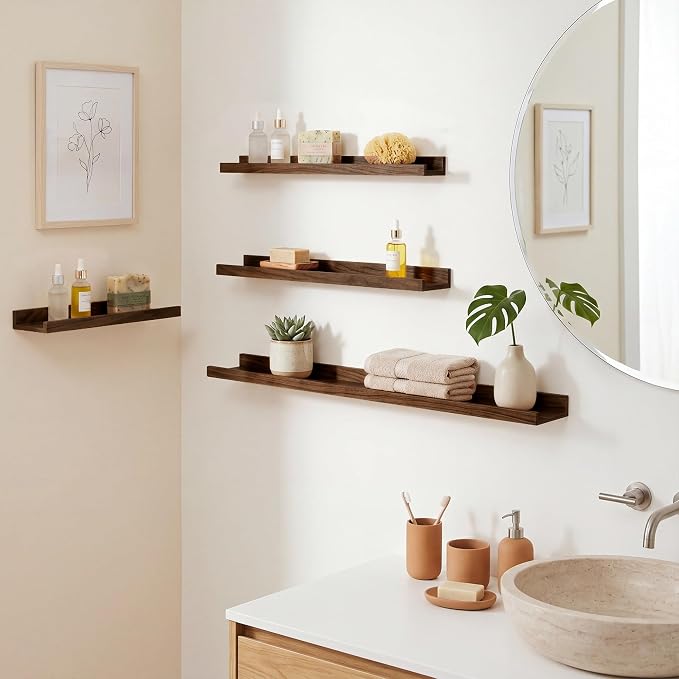 Acovy Floating Shelves Set of 6, 24 Inch Wall Mounted Picture Ledge Shelf with Lip, Walnut Display Shelves for Living Room, Bedroom, Nursery, Bathroom & Kitchen