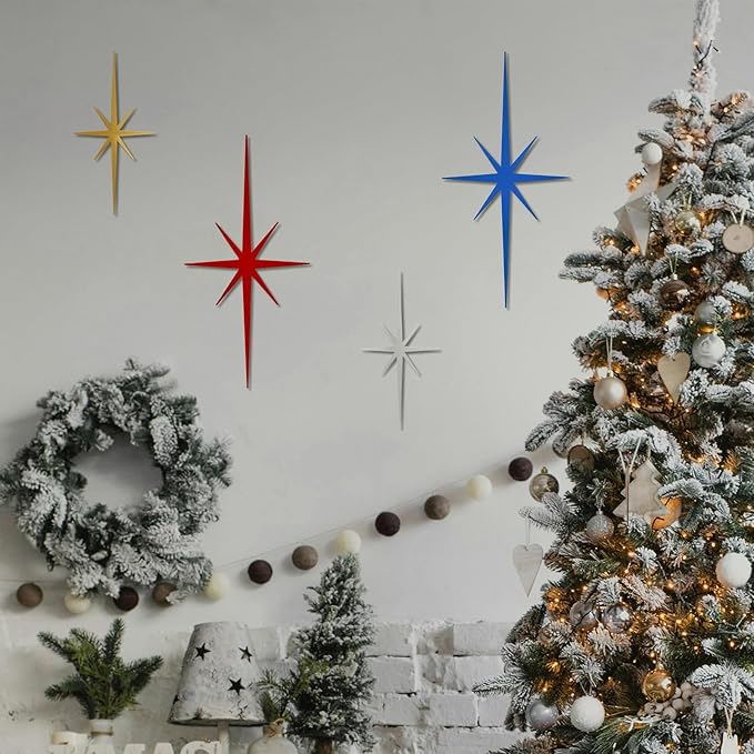 4 Pack Metal Star Wall Art 8 Pointed Starburst Wall Decor Set with 2 Large & 2 Small Pieces Mid Century Celestial Metal Wall Sculpture for Bedroom Living Room Office Gallery Wall