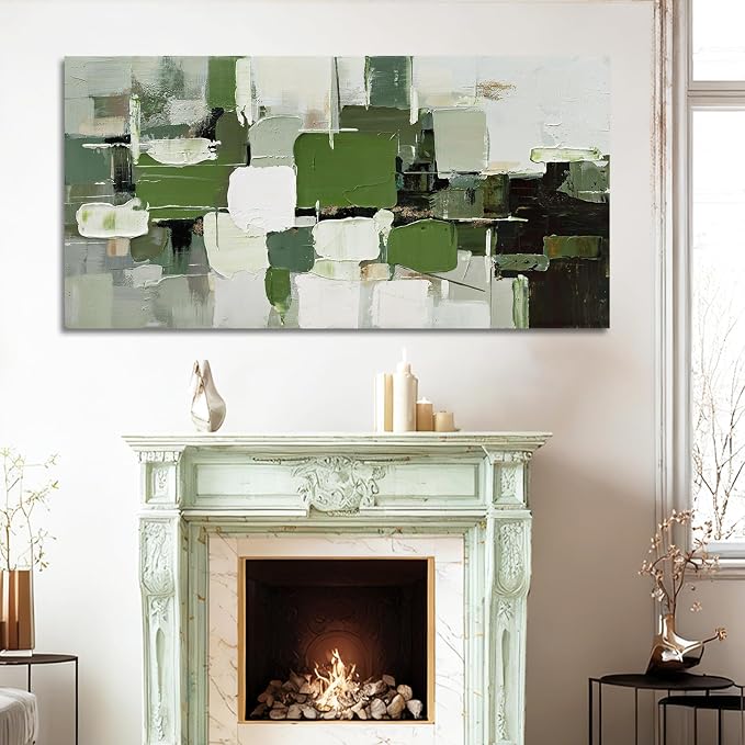 ZUNARE Contemporary Abstract Canvas Wall Art Geometric Block Print in Green White Black and Gray, Minimal Modern Artwork for Living Room Bedroom Office Kitchen 29"x58"
