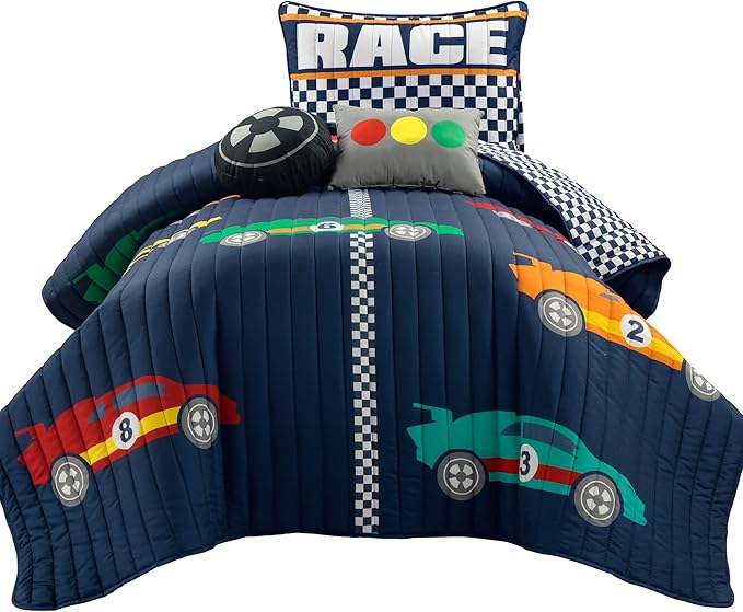 Lush Decor Racing Cars Reversible Quilt Twin Size 4 Piece Set Navy - Toddler Bedding Set Twin Quilt - Car Decor