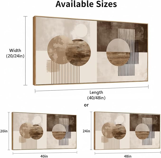 Sorbrozo Large Abstract Geometric Wall Art with Wood Colored Frame Mid Century Modern Boho Sun and Moon Canvas Painting Neutral Earth Tone Pictures for Living Room 24x48 inch