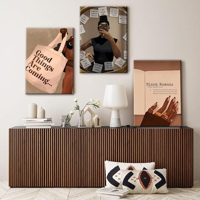 Black Girl Wall Art African American Woman Canvas Wall Decor Black Female Wall Art Fashion Women Poster Feminine Boho Pictures Abstract Paintings for Bedroom Bathroom 24x36x3 Inch Ready to Hang