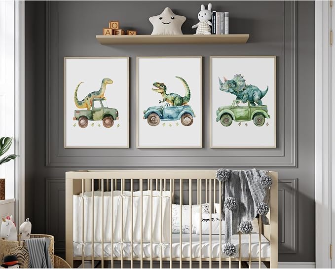Dinosaur Nursery Wall Art Kids Canvas Poster Baby Boy Nursery Wall Decor Green Dino Pictures Toddler Prints Cartoon Dino Car Painting Boys Room Artwork for Bedroom Bathroom 12x16x3 Inch Unframed