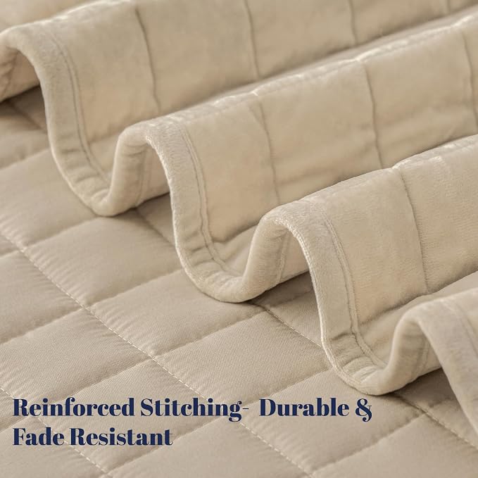 PHF Luxurious Velvet Quilt Set Queen Size – 3PCS Super Soft Quilted Comforter Alternative with Square-Box Quilt Pattern, Warm Quilted Bedspread Coverlet, 90" x 92", Oxford Tan