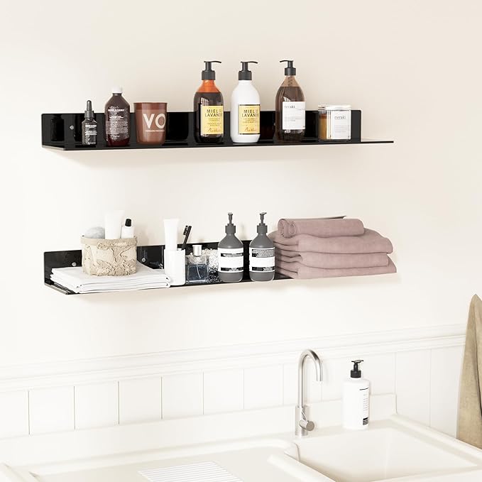 Sezanrpt 30 Inches Acrylic Long Wall Shelf Set of 2, Black Wall Mounted Acrylic Bathroom Storage Shelves Display Organizer, 2 Pack(30 Inch)