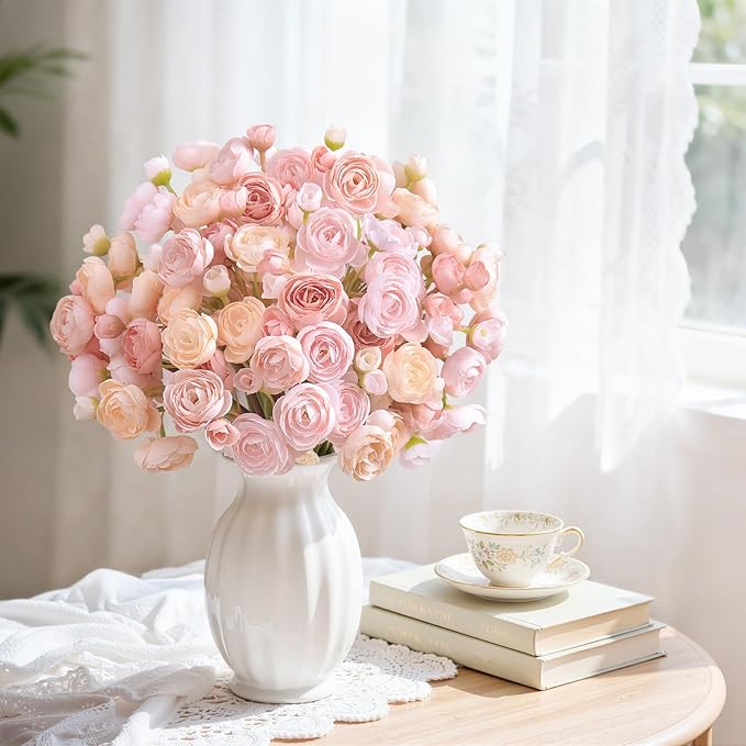 Alupssuc 30Pcs Ranunculus Artificial Flowers Faux Silk Mini Ranunculus, Artificial Flowers Indoor for DIY Bouquets, Bulk Fake Wedding Filler Flowers for Bride Decorations, DustyRose&Cream&ShabbyBlush