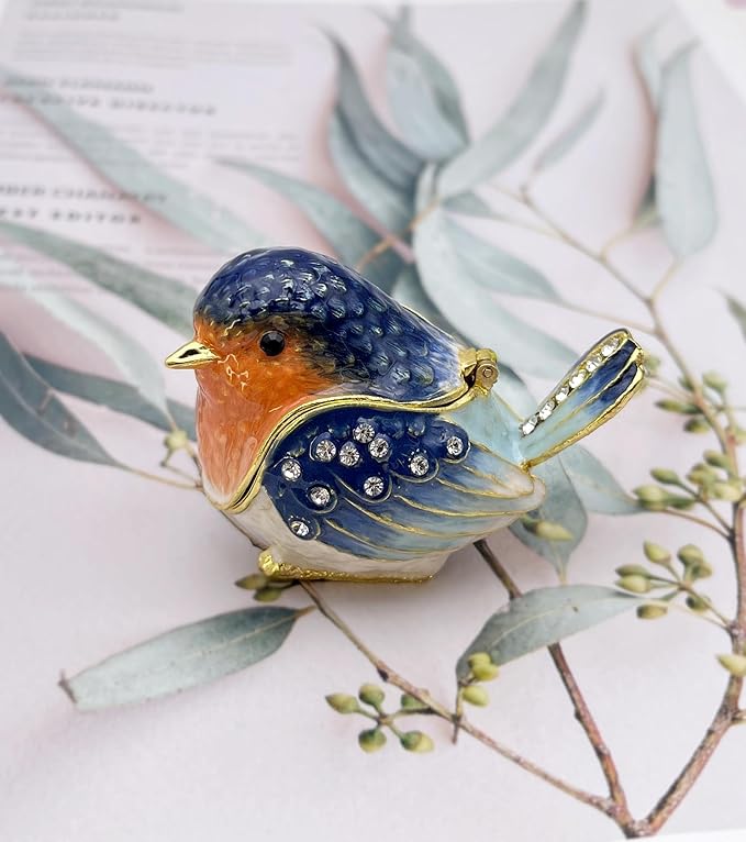 Robin Bird Jewelry Trinket Boxes Hinged Ring Box.Collectible Bird Figurines Home Decor Gifts for Women.Necklace Rings Earrings Organizer.